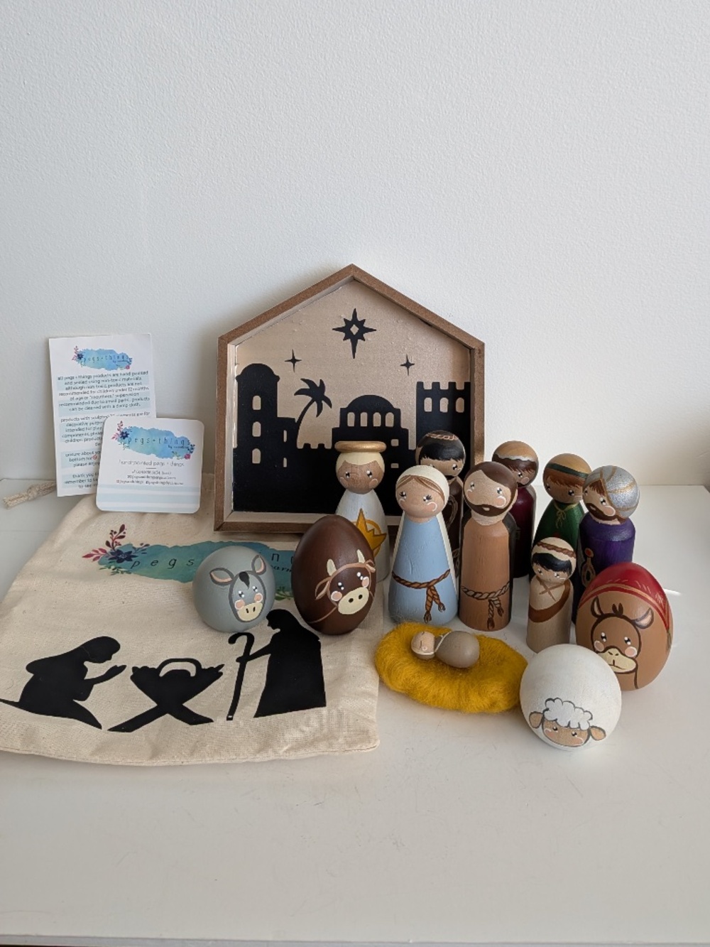 Handmade wooden peg doll nativity scene hand painted figures Manger Set of 14